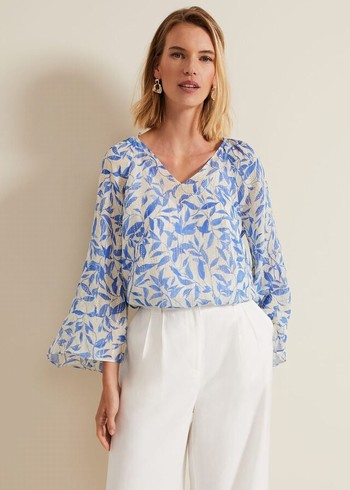 Phase Eight Simi Leaf Print Filcoupe Shirts Blue Australia | HG7482509